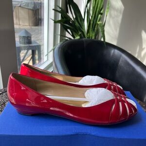STUART WEITZMAN QUASSAR RED PATENT PEEP TOE FLATS 9.5